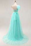 Mint Green Corset One Shoulder A Line Long Wedding Guest Dress with Slit Mint Green Corset One Shoulder A Line Long Wedding Guest Dress with Slit