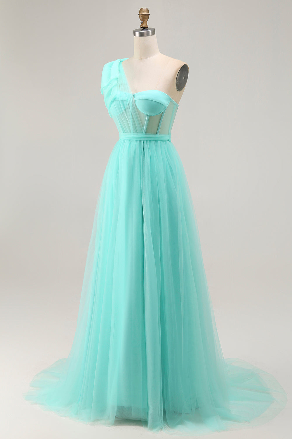Mint Green Corset One Shoulder A Line Long Wedding Guest Dress with Slit Mint Green Corset One Shoulder A Line Long Wedding Guest Dress with Slit