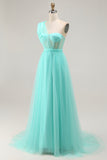 Mint Green Corset One Shoulder A Line Long Wedding Guest Dress with Slit Mint Green Corset One Shoulder A Line Long Wedding Guest Dress with Slit