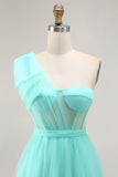 Mint Green Corset One Shoulder A Line Long Wedding Guest Dress with Slit Mint Green Corset One Shoulder A Line Long Wedding Guest Dress with Slit
