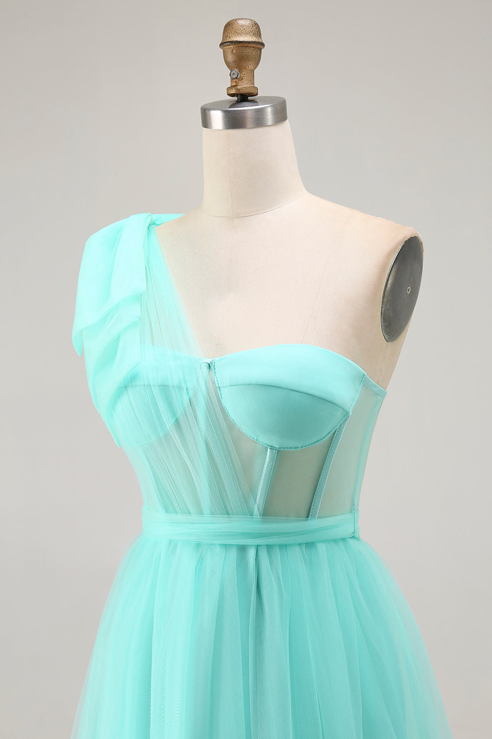 Mint Green Corset One Shoulder A Line Long Wedding Guest Dress with Slit Mint Green Corset One Shoulder A Line Long Wedding Guest Dress with Slit