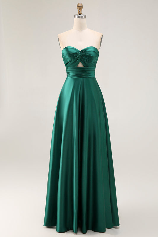 Simple Dark Green Satin Strapless Long Wedding Guest Dress
