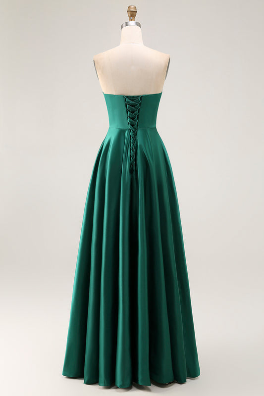 Simple Dark Green Satin Strapless Long Wedding Guest Dress