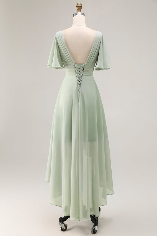 Sage Green V-Neck Chiffon High-Low Bridesmaid Dress with Sleeves