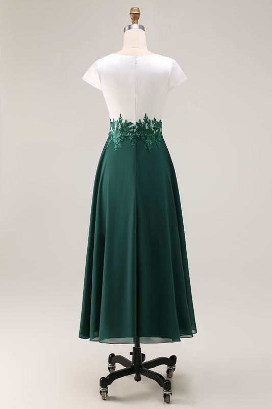 White Green V-Neck Appliqued Long Mother of the Bride Dress with Sleeves