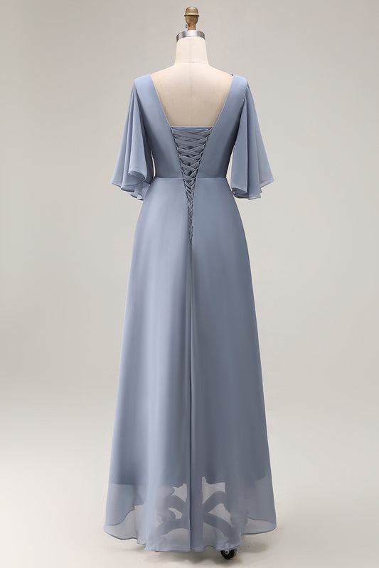 Dusty Blue Asymmetrical Ruched Long Mother of the Bride Dress with Sleeves