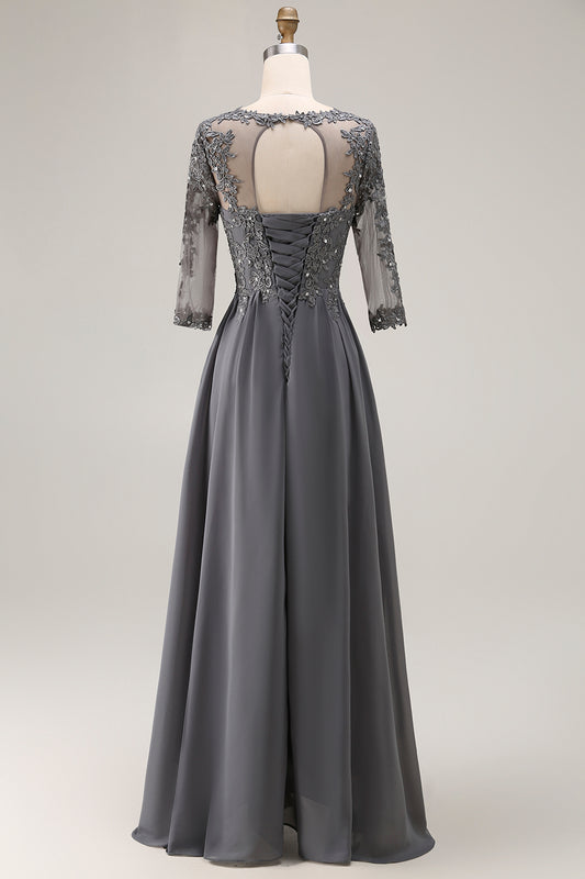 Sparkly Steel Grey Appliqued High-Low Mother of the Bride Dress with Sleeves