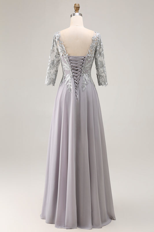 Silver V-Neck A Line Long Mother of the Bride Dress with Lace