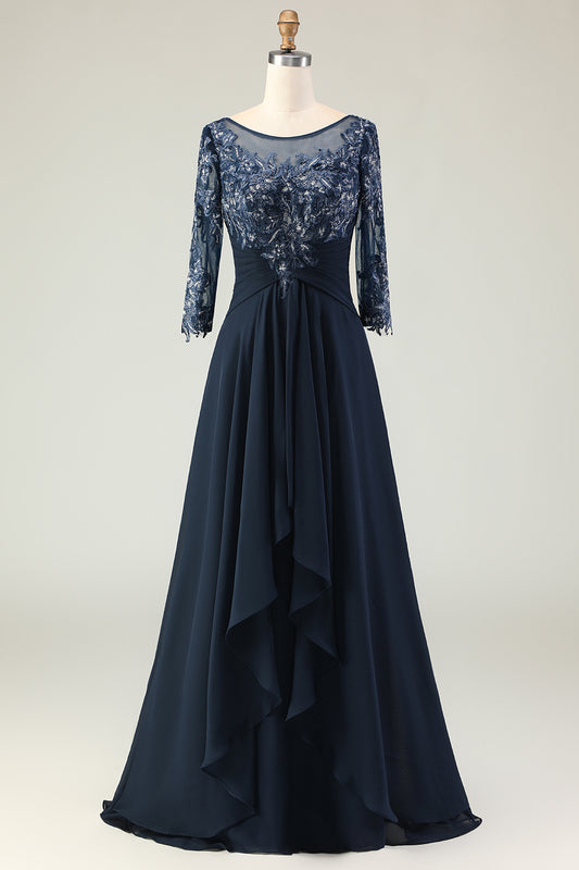 Navy Appliqued Round Neck Ruffled Long Mother of the Bride Dress