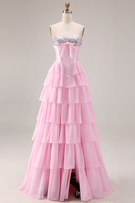 Sparkly Pink Tiered Sequin Ruffled Long Corset Prom Dress with Bow