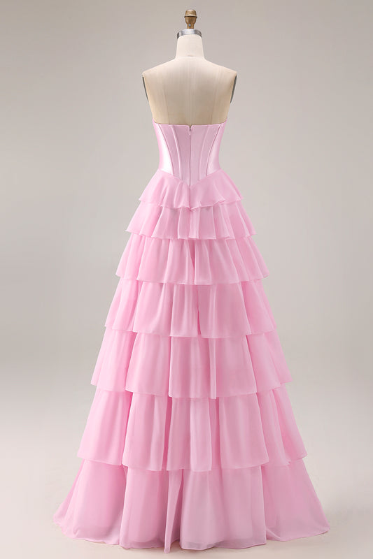 Sparkly Pink Tiered Sequin Ruffled Long Corset Prom Dress with Bow