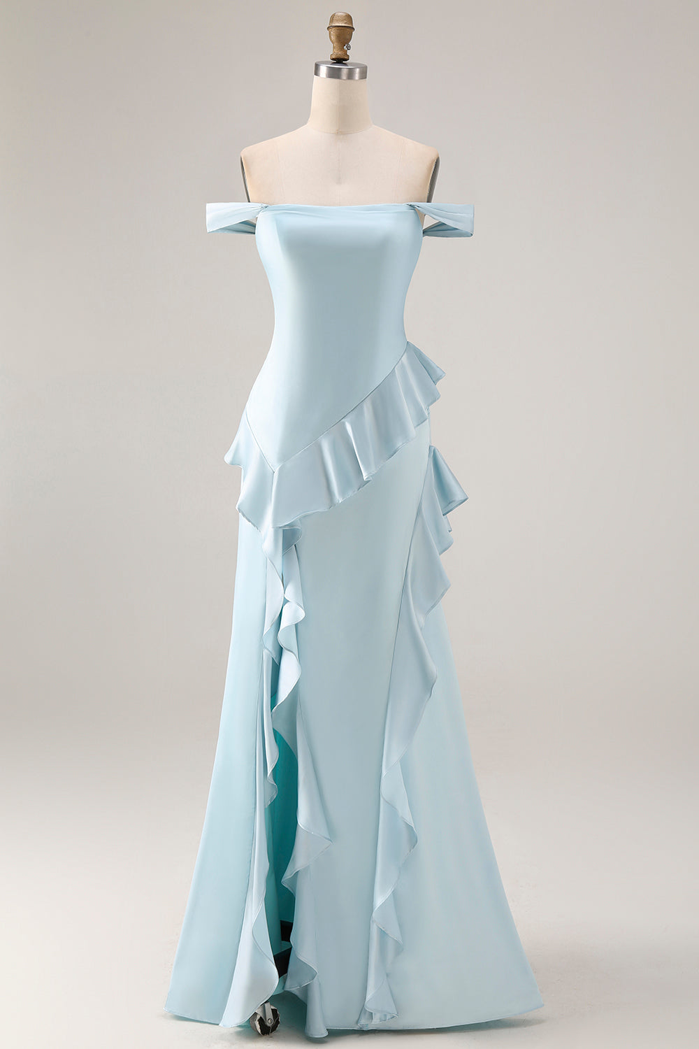 Zapakasa Women Light Blue Mermaid Long Prom Dress with Ruffles Off the Shoulder Satin Formal Dress with Slit Zapakasa Women Light Blue Mermaid Long Prom Dress with Ruffles Off the Shoulder Satin Formal Dress with Slit