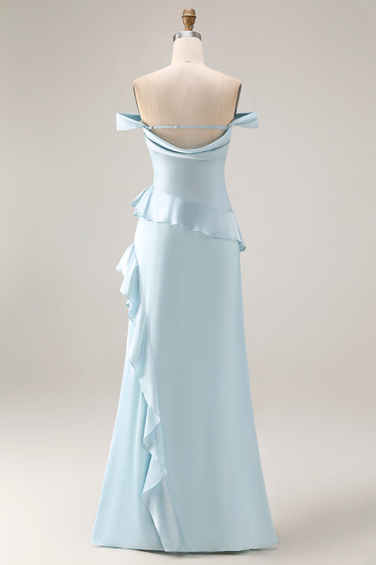 Light Blue Off the Shoulder Mermaid Long Prom Dress with Ruffles