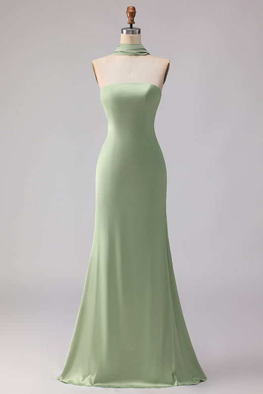 Dusty Sage Mermaid Neck Scarf Satin Long Bridesmaid Dress