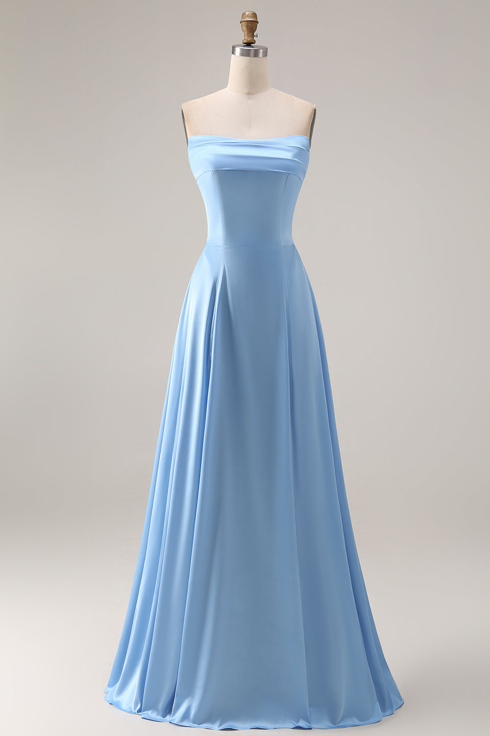 Zapakasa Women Steel Blue A Line Long Bridesmaid Dress Corset Satin Strapless Wedding Guest Dress