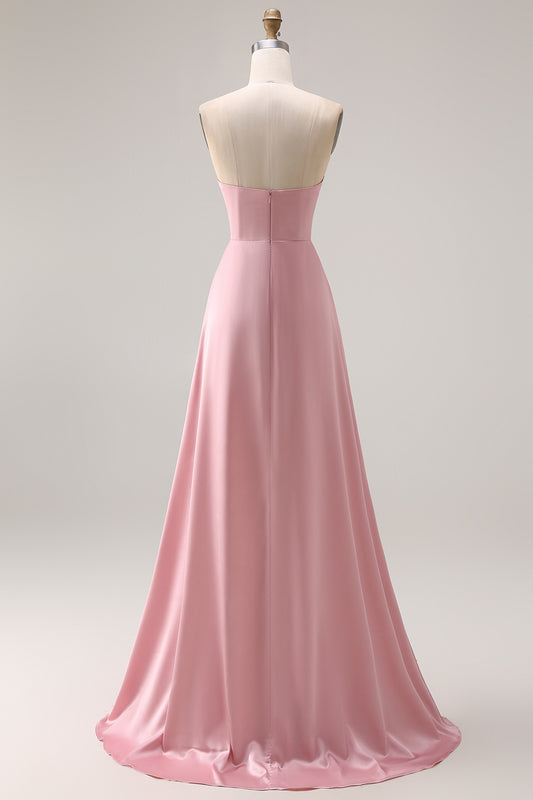 Dusty Rose Satin Strapless A Line Long Bridesmaid Dress