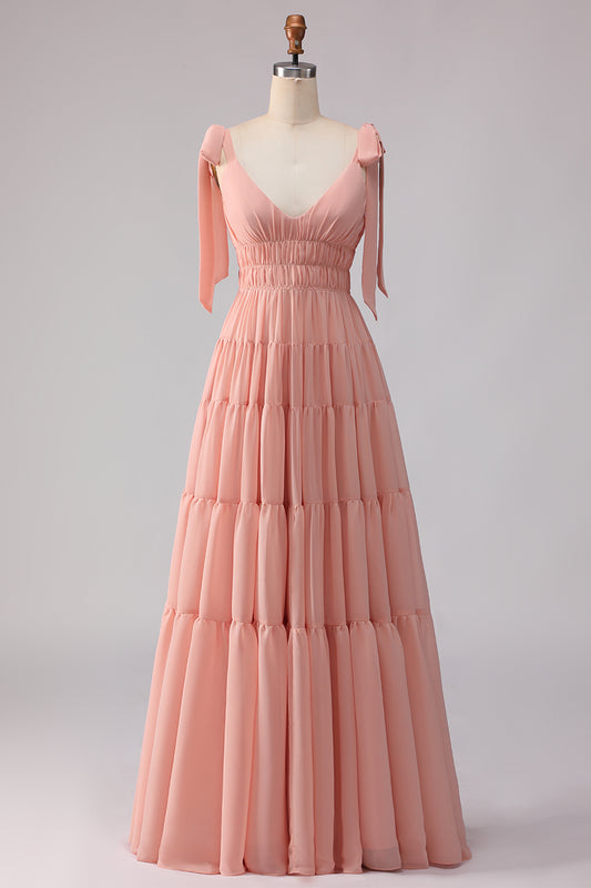 Blush Chiffon A Line V-Neck Long Bridesmaid Dress with Bows