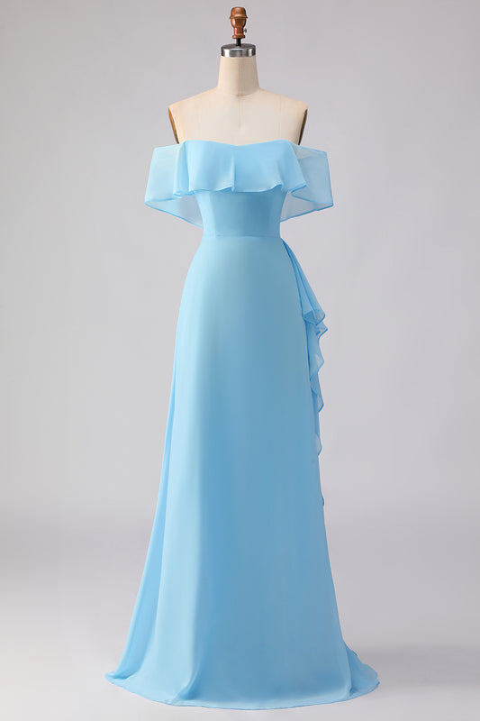 Chiffon Off the Shoulder Blue Long Bridesmaid Dress with Ruffles