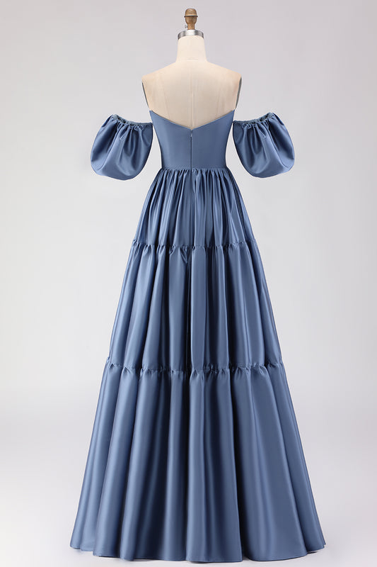 Steel Blue Off the Shoulder Satin Backless Long Bridesmaid Dress