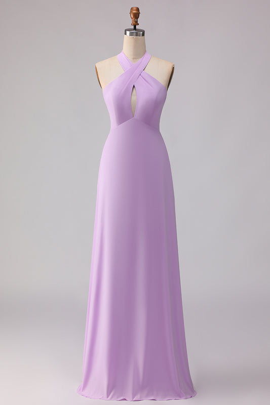 Lilac Sheath Chiffon Halter Neck Long Bridesmaid Dress with Bow