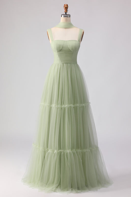 Dusty Sage Neck Scarf A Line Long Tulle Bridesmaid Dress