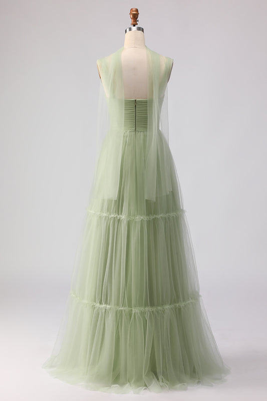 Dusty Sage Neck Scarf A Line Long Tulle Bridesmaid Dress