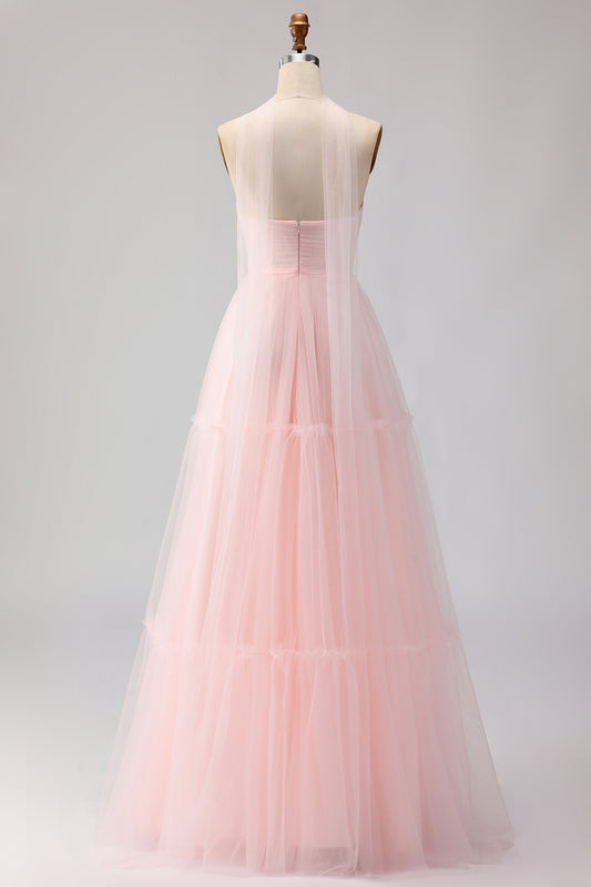 Blush Pink Neck Scarf A Line Tulle Long Bridesmaid Dress