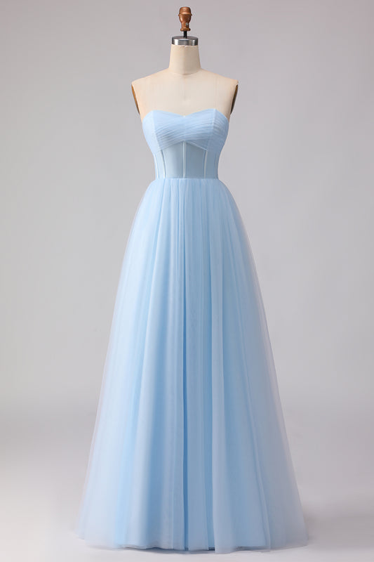 Sky Blue A Line Tulle Sweetheart Long Corset Bridesmaid Dress