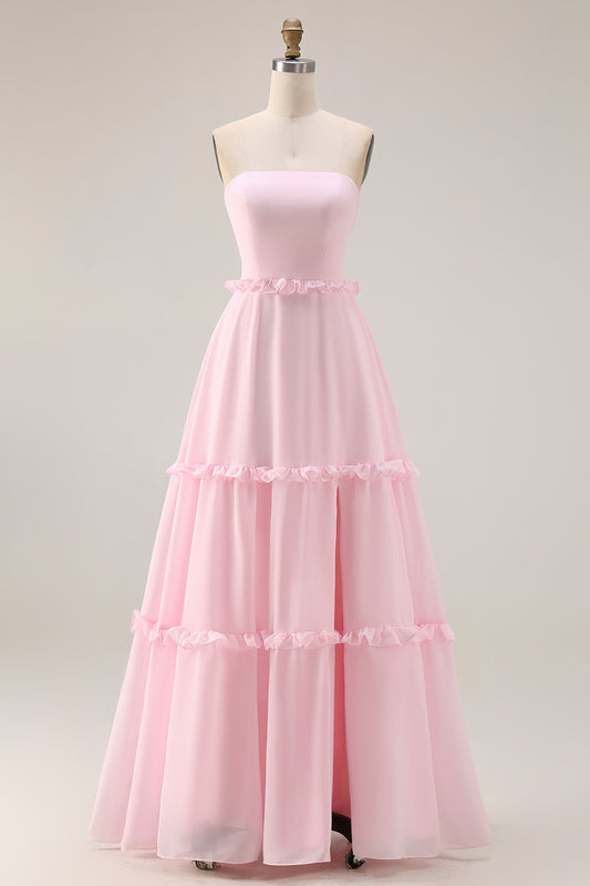 Blush Pink Chiffon A Line Strapless Long Bridesmaid Dress with Slit