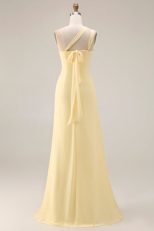 Yellow Chiffon Ruched A Line Convertible Wear Backless Long Bridesmaid Dress