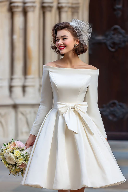 White A Line Off the Shoulder Short Wedding Dress with Bow