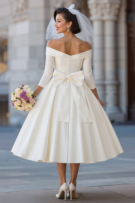 Ivory A Line Off the Shoulder Midi Wedding Dress with Bow
