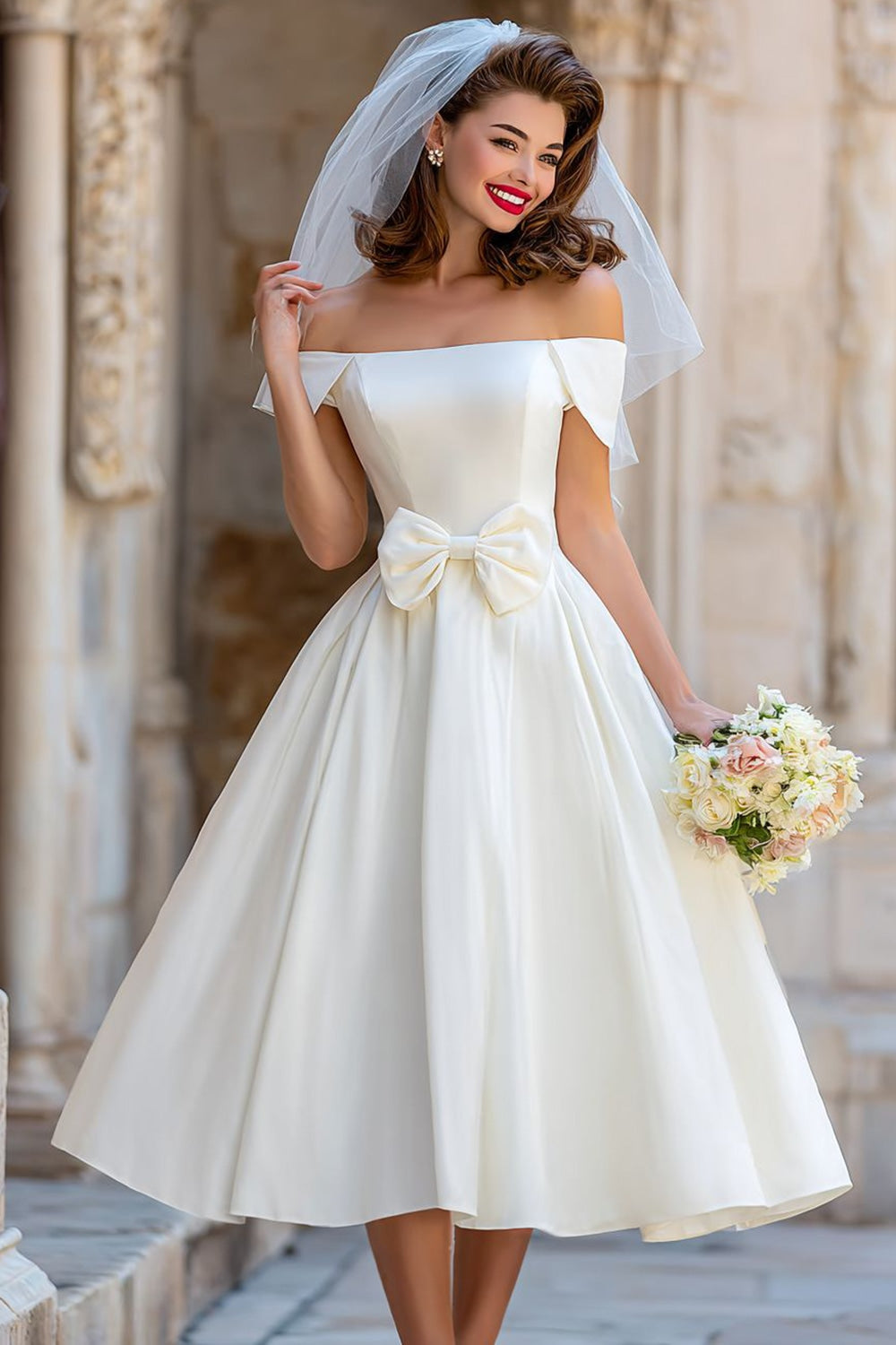 Zapakasa Women Ivory Satin Midi Wedding Dress with Bow Off the Shoulder
