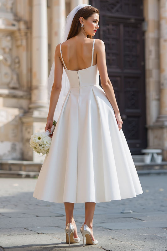 White Spaghetti Straps A Line Midi Wedding Dress with Bow