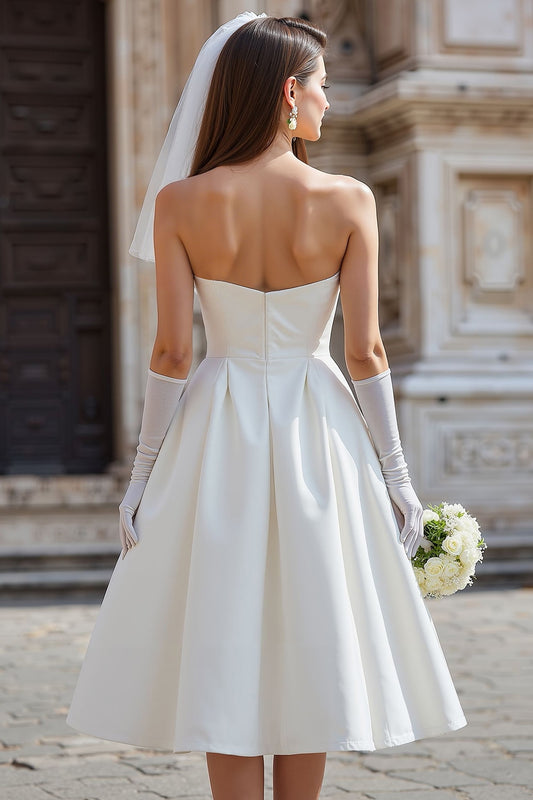 White Strapless A Line Satin Midi Wedding Dress with Bow