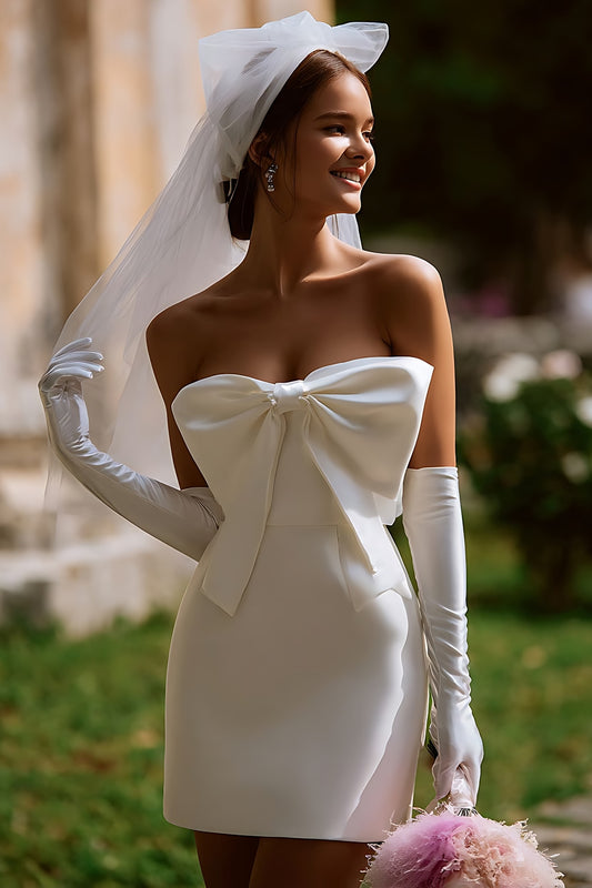 White Bodycon Strapless Short Wedding Dress with Bow