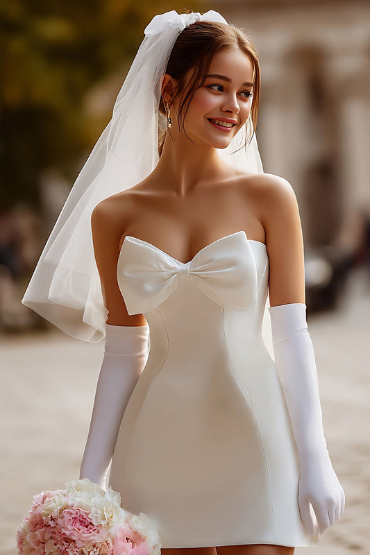 White Strapless Bodycon Satin Short Corset Wedding Dress with Bow