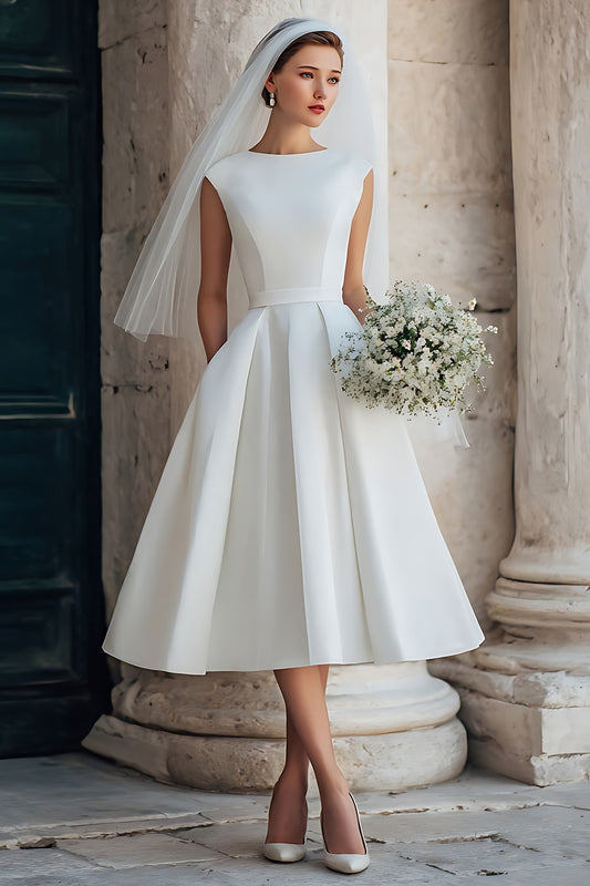 White A-Line Satin Bateau Neck Backless Midi Wedding Dress