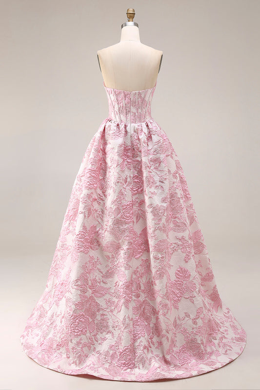 Ivory and Pink Jacquard A Line Long Corset Prom Dress with Slit