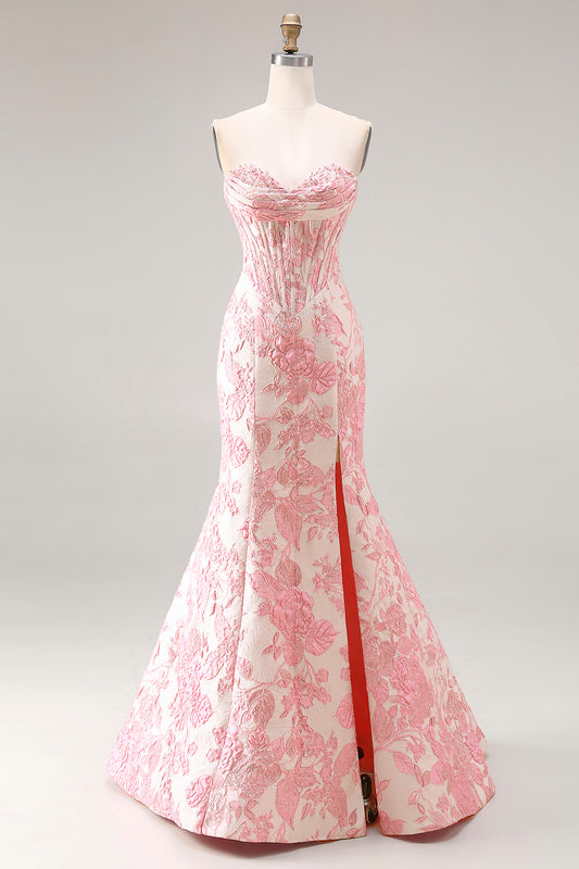 Floral Ivory and Pink Mermaid Jacquard Sweetheart Long Corset Prom Dress with Slit