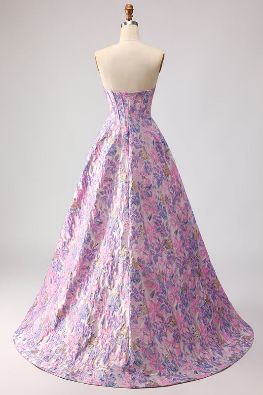 Floral Lilac A Line Jacquard Strapless Long Corset Prom Dress