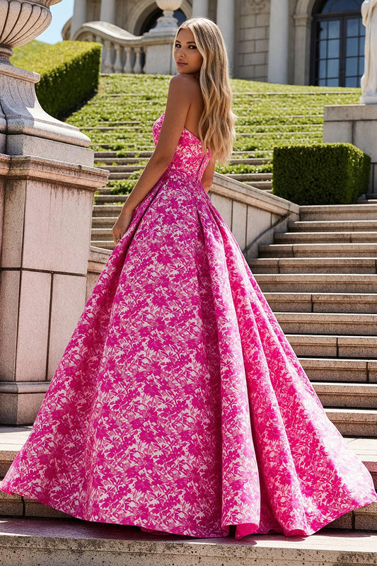 Fuchsia Flower Princess Long Prom Dress with Bow