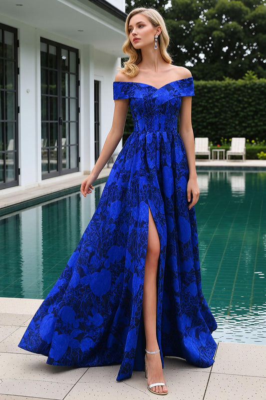 Royal Blue Long Floral Prom Dress with Slit
