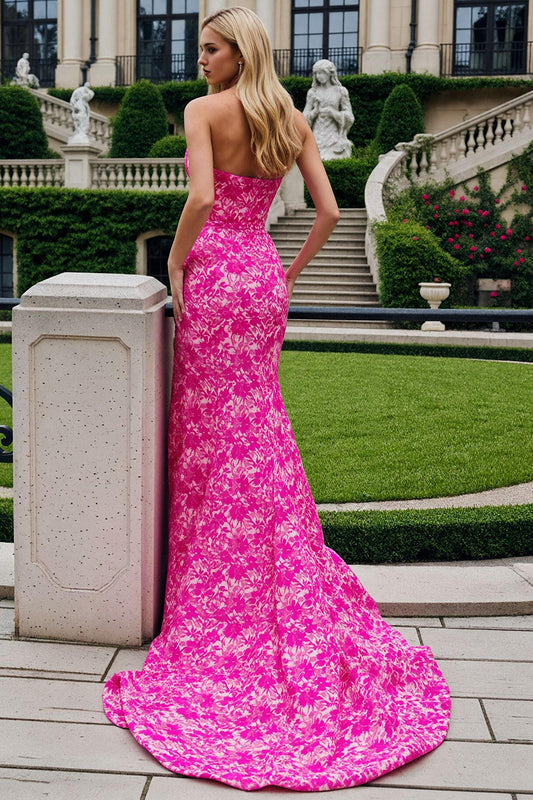 Fuchsia Flower Mermaid Long Prom Dress with Slit