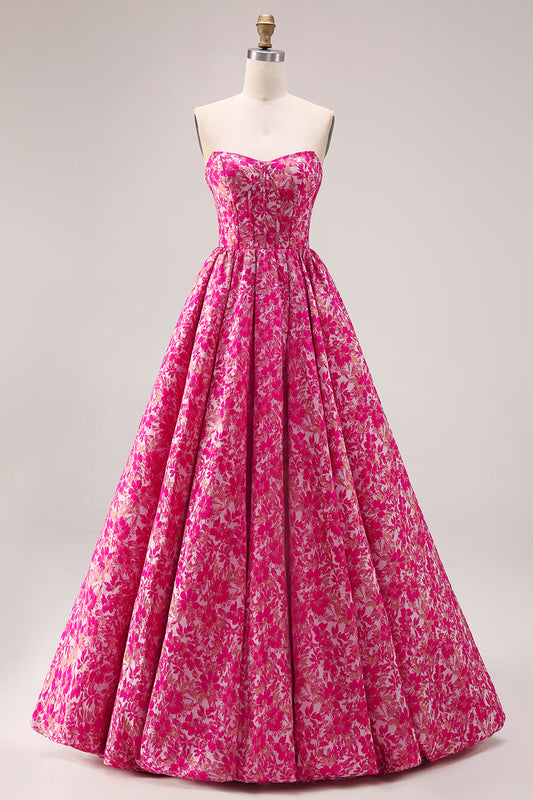 Floral Fuchsia A Line Jacquard Long Corset Prom Dress