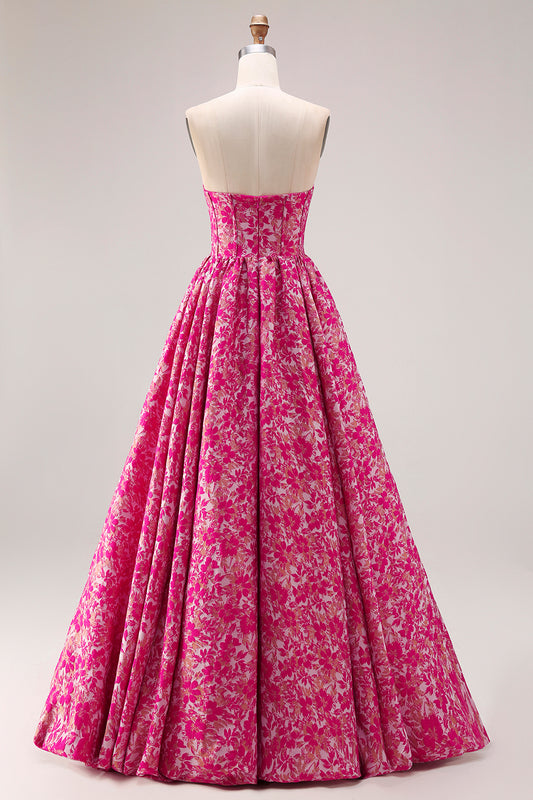 Floral Fuchsia A Line Jacquard Long Corset Prom Dress