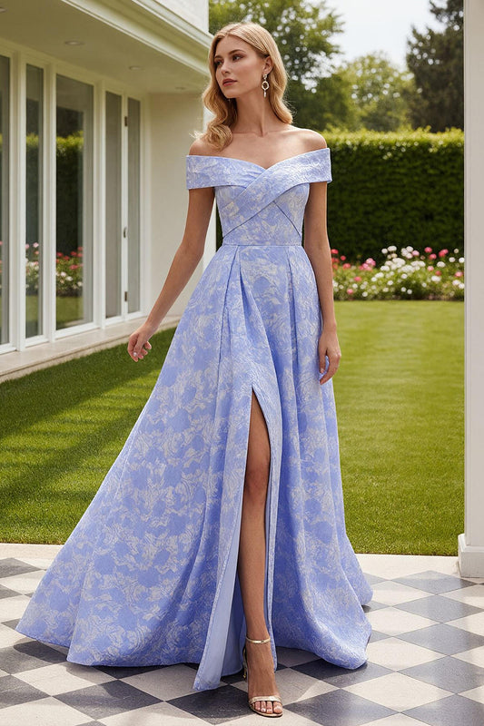 Light Blue Long A-Line Floral Prom Dress with Slit