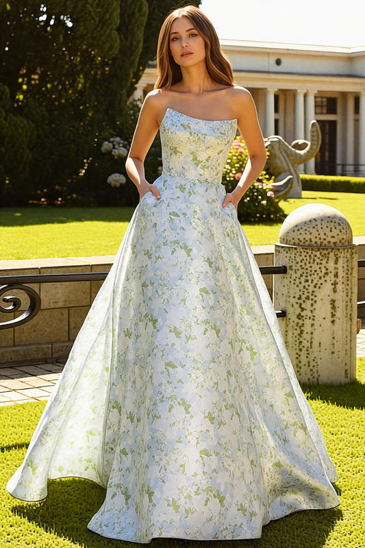 Blue and White Flower A-Line Long Prom Dress