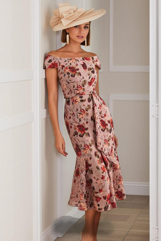 Dusty Rose Floral Off the Shoulder Midi Mermaid Mother of the Bride Dress