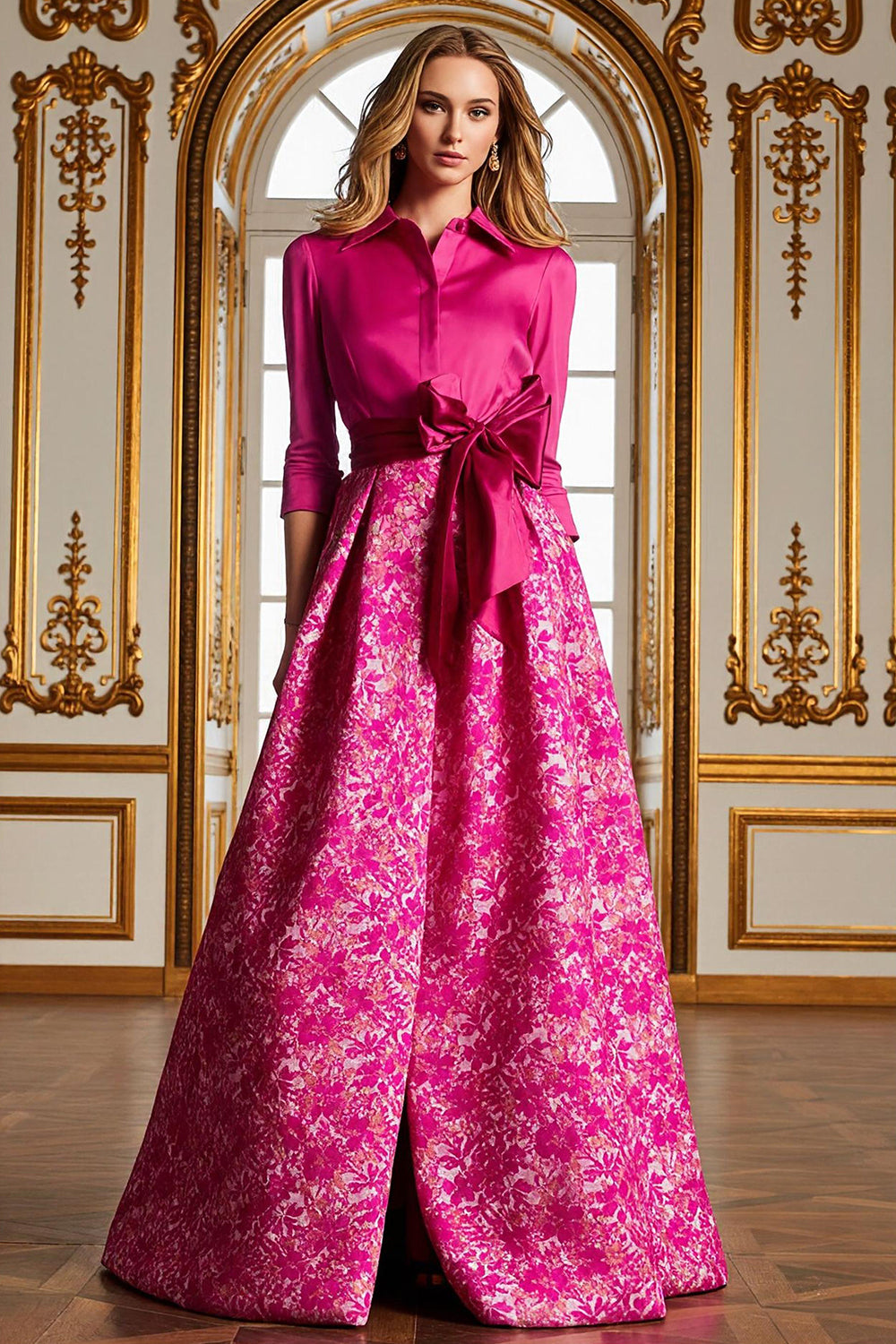 Zapakasa Women Fuchsia Floral Satin Long Mother of the Bride Dress with Slit A Line Lapel Neck Wedding Guest Dress with Bow Zapakasa Women Fuchsia Floral Satin Long Mother of the Bride Dress with Slit A Line Lapel Neck Wedding Guest Dress with Bow